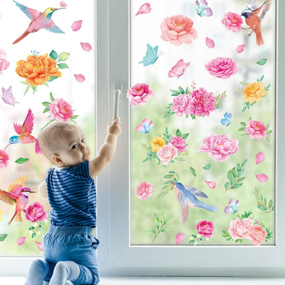Whaline 9 Sheets Spring Summer Window Clings Pink Flower Window Clings Watercolor Hummingbirds Garden Floral Leaf Windows Decal Double-Sided Windows Decor for Home Office School Decor Party Supplies