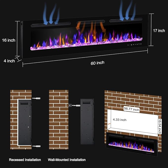 60" Electric Fireplace Wall Mounted and Recessed - Image 4