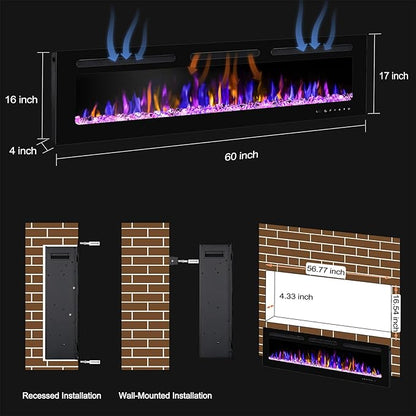 60" Electric Fireplace Wall Mounted and Recessed - Image 4