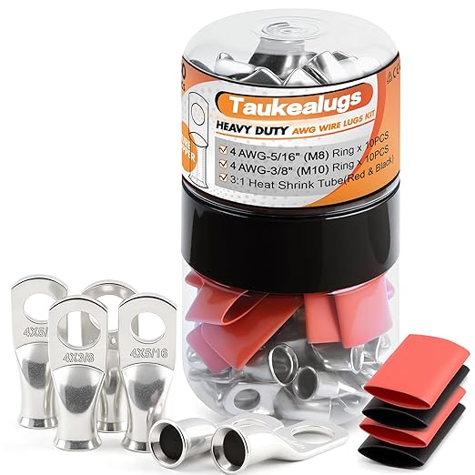 20PCS 4 AWG 5/16 3/8 inch Battery Cable Lugs, 4 gauge Tinned Copper Crimp by TAUKEALUGS