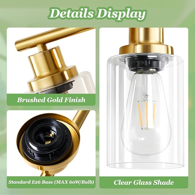 Guliaofo 5-Light Bathroom Vanity Lights, E26 Modern Brushed Gold Bathroom Light - Image 3