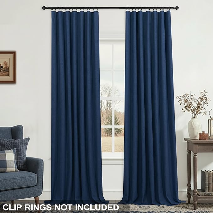 KOUFALL 52x102 Inch Length Navy Blue Back Tab Linen Blackout Curtains - Image 3