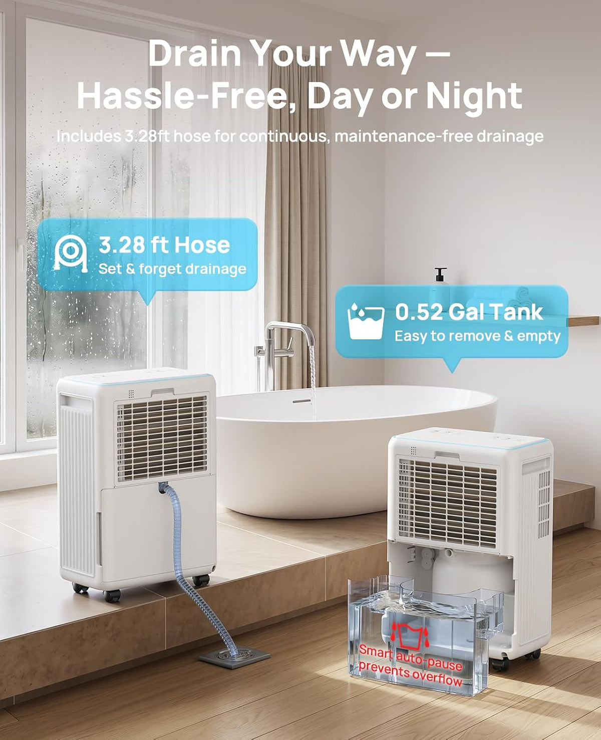 26-pint dehumidifier, dehumidifier for basement with drain hose, side view