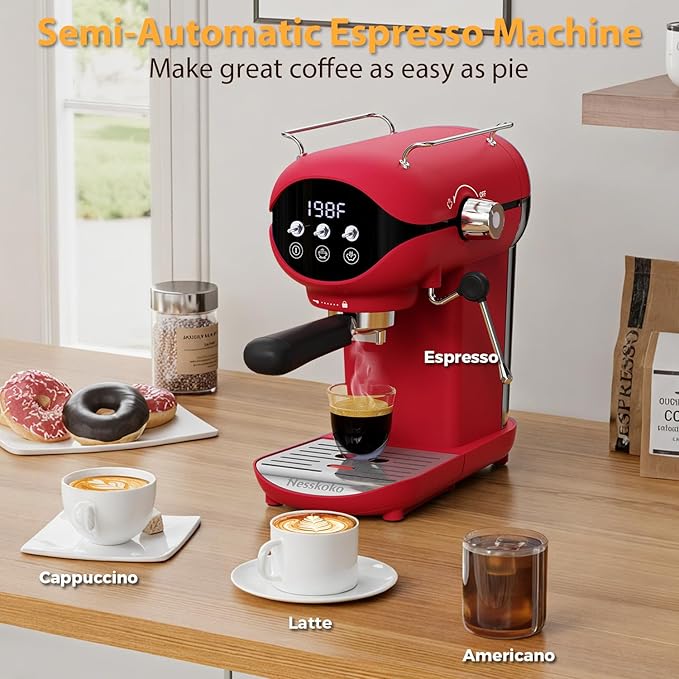 Espresso Machine with Steam Milk Frother Semi Automatic 20 Bar Compact Red with - Image 6