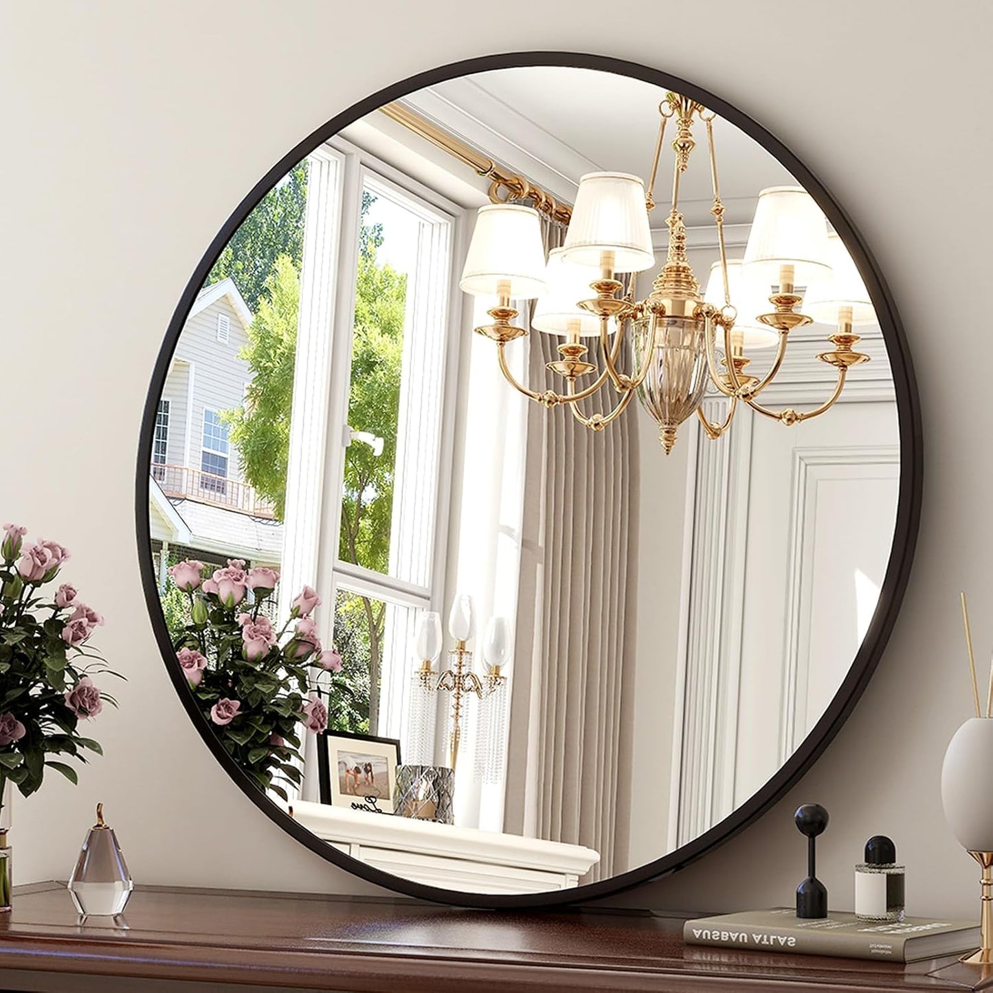 XRAMFY 30 Inch Round Mirror-Black Circle Mirrors for Bathroom, Entryway | Modern Hanging Vanity Mirror for Livingroom, Wall Decor, Bedroom, Matte Black Circle Decorative Wall Mirror