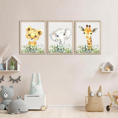 Baby Safari Nursery Wall Decor - Set of 3 Pictures Cute Animal Wall Prints on Canvas Jungle Nursery Safari Decor gifts for Baby Boys and Girls Room, Framed Wall Art (Framed 12 x16in)