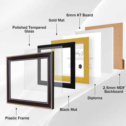 8.5x11 Diploma Frame with Black over Gold Mat or Full Display 11x14 Document Certificate Frame for Diploma Degree with HD Tempered Glass Graduation Picture Frame for Wall, Mahogany