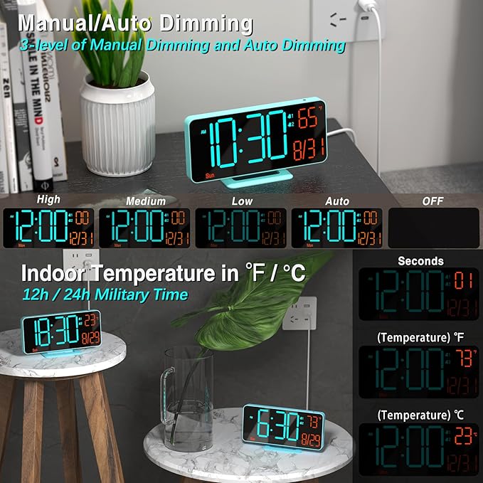 KOSUMOSU Alarm Clocks for Bedrooms, 6.7in Digital Clock, Auto Dimming, Room - Image 3