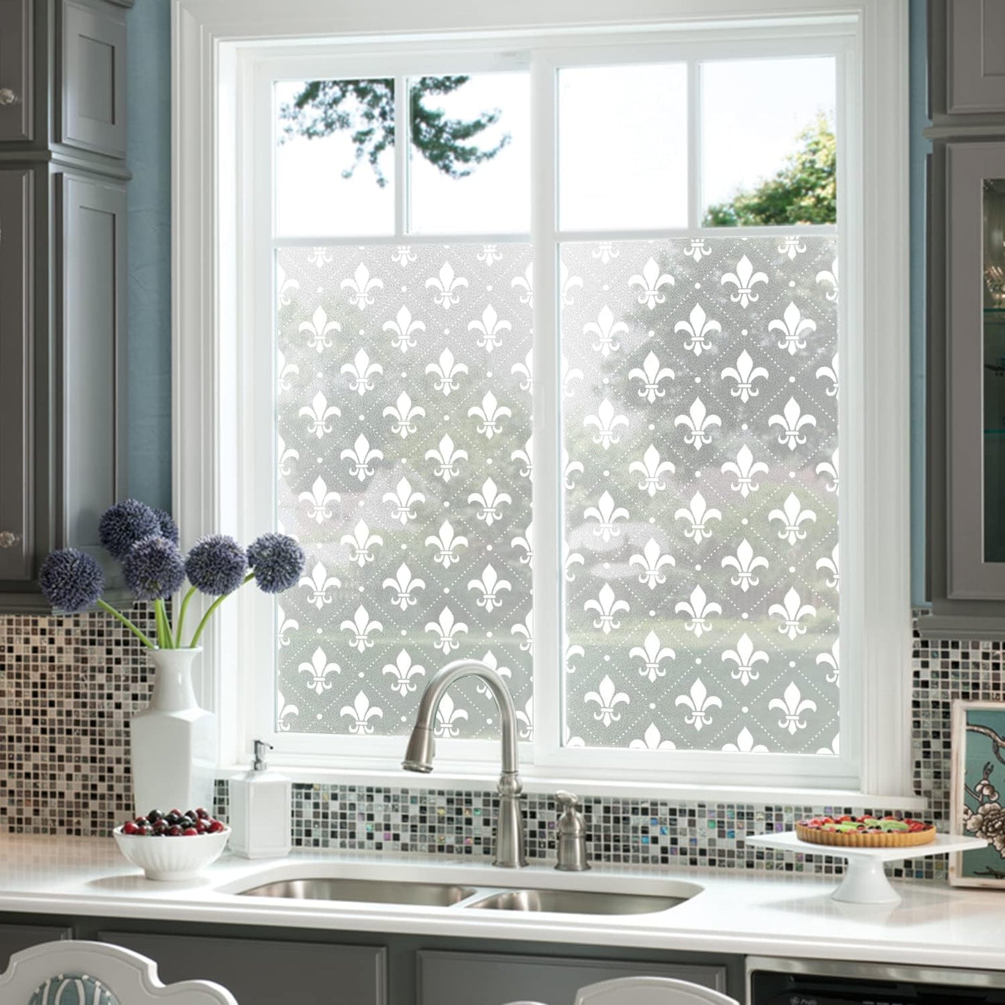 Pure White Window Privacy Film Decorative Pattern Design, Removable Frosted Glass Window Film Cling for Glass Window Door, Fleur De Lis 78.74"x22.83"
