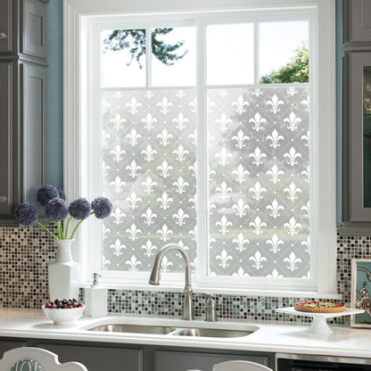 Pure White Window Privacy Film Decorative Pattern Design, Removable Frosted Glass Window Film Cling for Glass Window Door, Fleur De Lis 78.74"x22.83"
