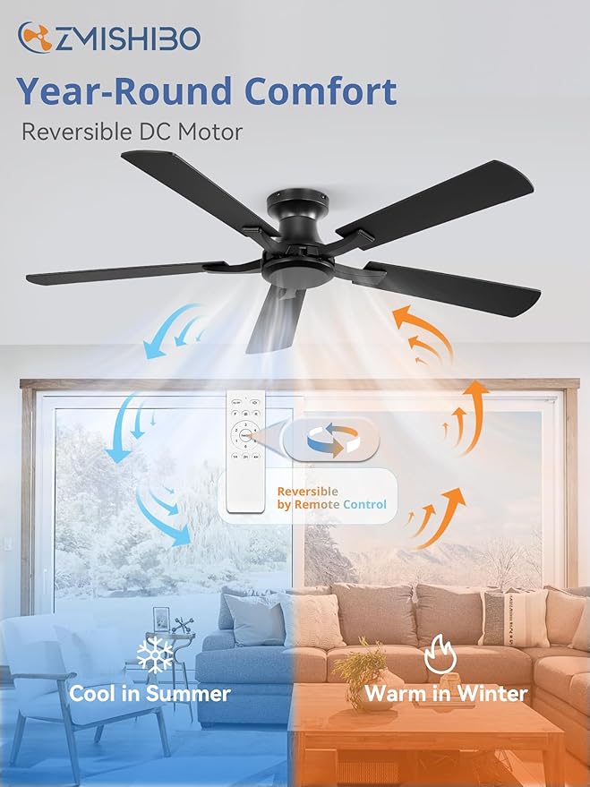 ZMISHIBO 52 Inch Ceiling Fan No Light, Flush Mount Low Profile, Modern Black - Image 5