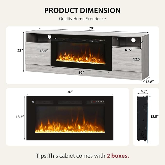 YISUFO 70" TV Stand with 36" Electric Fireplace, Large Modern Media - Image 4