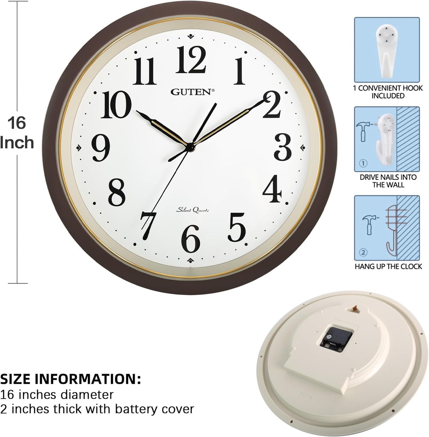 Caysie 16 Inch Large Silent Non Ticking Wall Clock, Quartz Battery Operated, Round Decorative Retro Brown Clock for Living Room, Bedroom, Kitchen, School, Office (Brown)