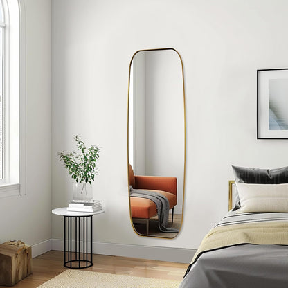 18x48 Full Length Wall Mirror, Brushed Gold Oblong Shaped Body Mirror with Stainless Steel Metal Frame, Rounded Corner Design for Floor and Leaning