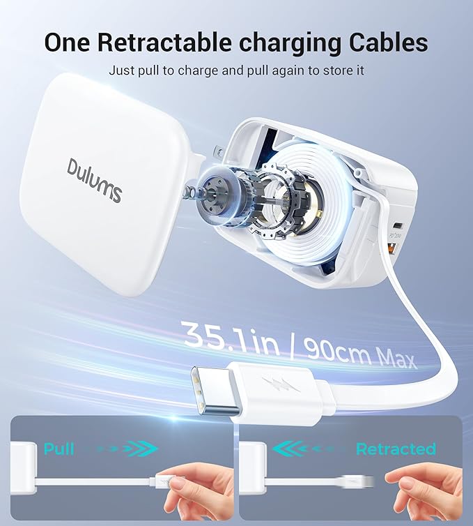 Retractable Wall Charger, 40W Dual Port QC3.0+PD Fast USB C Charging Block - Image 3