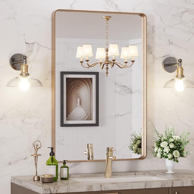 LOAAO 24”X36” Gold Bathroom Mirror, Rounded Rectangle Gold Frame Mirror - Image 4