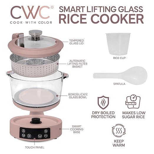 COOK WITH COLOR 3L Glass Mini Low Carb Rice Cooker – Holds 2 Cups Raw/Makes 6 - Image 2