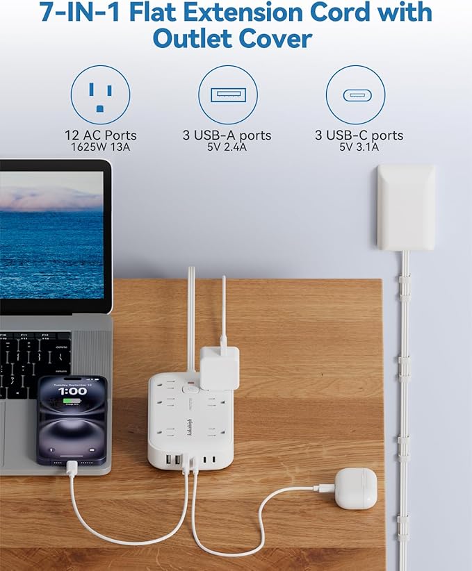 10FT Extension Cord with Outlet Cover & Multi USB, Ultra Thin Outlet Concealer - Image 3