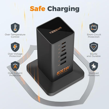 USB C Charger Blcok PD 100W, TESSAN 6-in-1 Charging Station - Image 4