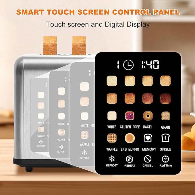 2 Slice Toaster Touch Screen, Stainless Steel Toasters Digital Timer 2 Slot - Image 3