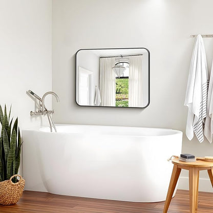 Bathroom Mirror, 30 x 24 inch Metal Framed Black Rectangle Mirror, Rounded - Image 5