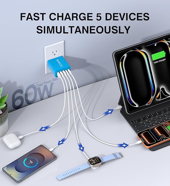 USB C Wall Charger, 60W USB C Charger Block 5-Port PD Fast Charging Blocks - Image 2