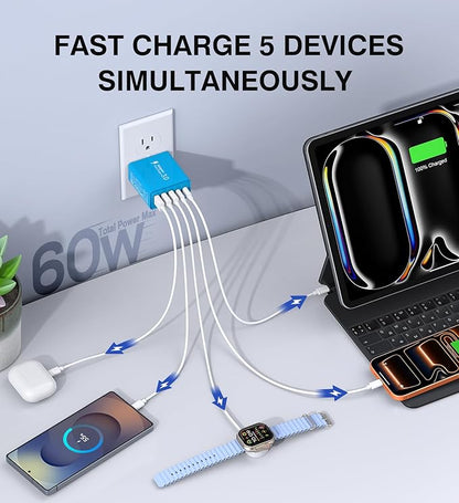 USB C Wall Charger, 60W USB C Charger Block 5-Port PD Fast Charging Blocks - Image 2