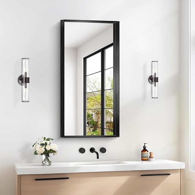 Black Bathroom Mirror, 40x20 Inch Rectangular Framed Mirror, Large Wall Mounted - Image 2