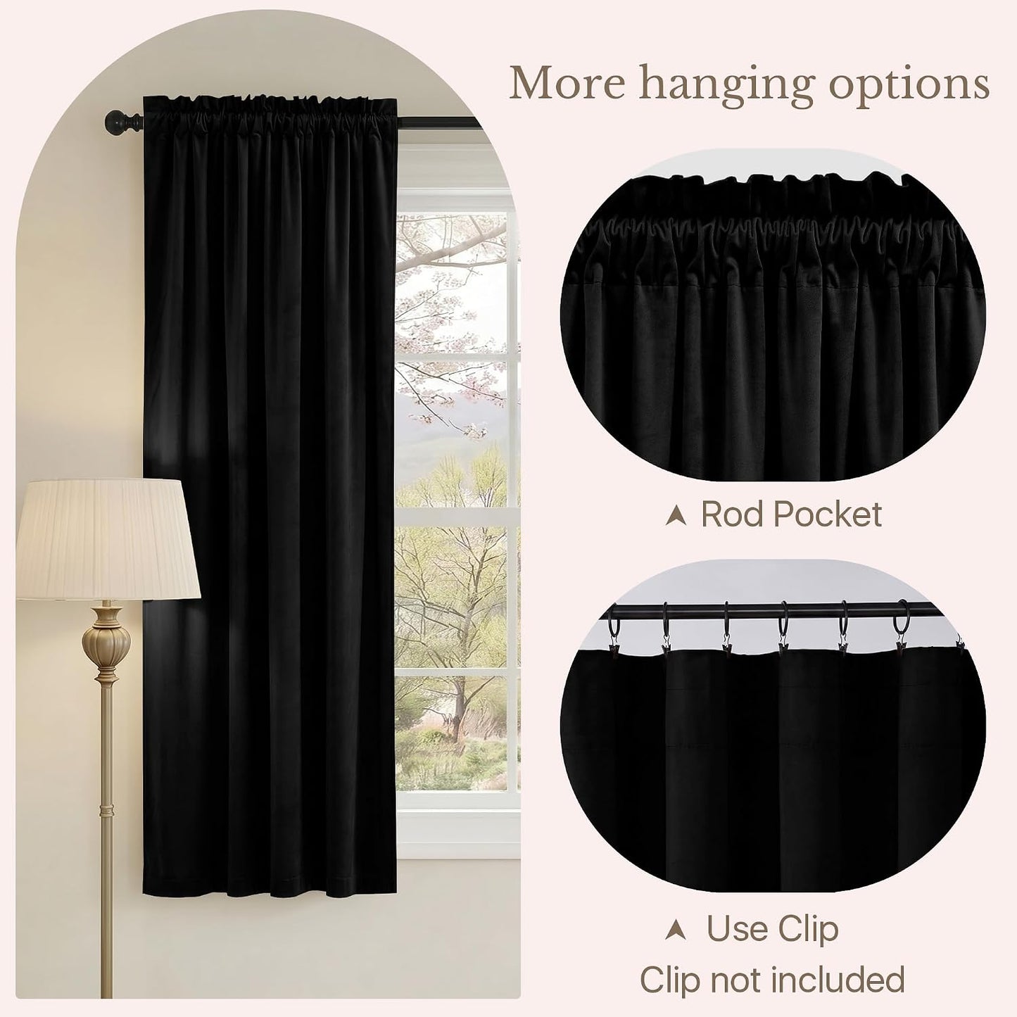 NICETOWN Black Short Velvet Curtains Panels 63" Long - Vintage Blackout Drapes for Classroom and Nursery Thermal Insulated, W42 x L63, 2 Panels