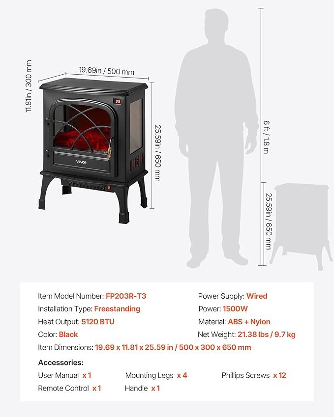 VEVOR 25.5inch Freestanding Fireplaces, 1500W 5120BTU Portable Electric - Image 7