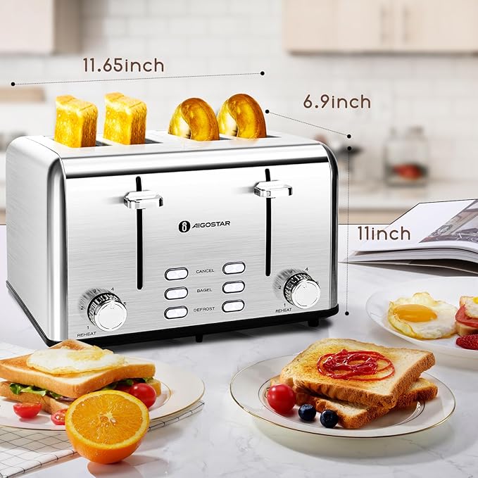 Aigostar Toaster 4 Slice 1.6" Wide Slot Stainless Steel Toasters - Image 4