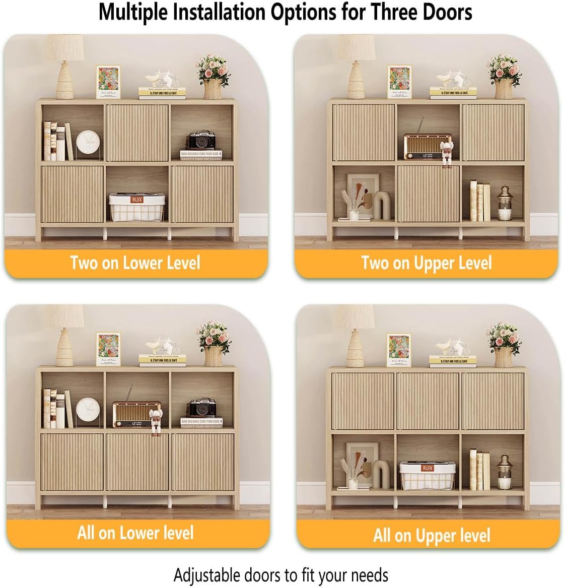 FATORRI 6 Cube Horizontal Bookshelf with 3 Doors, Modern Wood Book Shelf with...