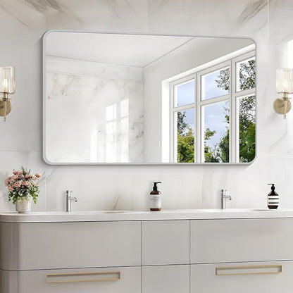 48x30 Inch Silver Bathroom Mirror, Metal Framed Silver Rectangle Mirrors - Image 2