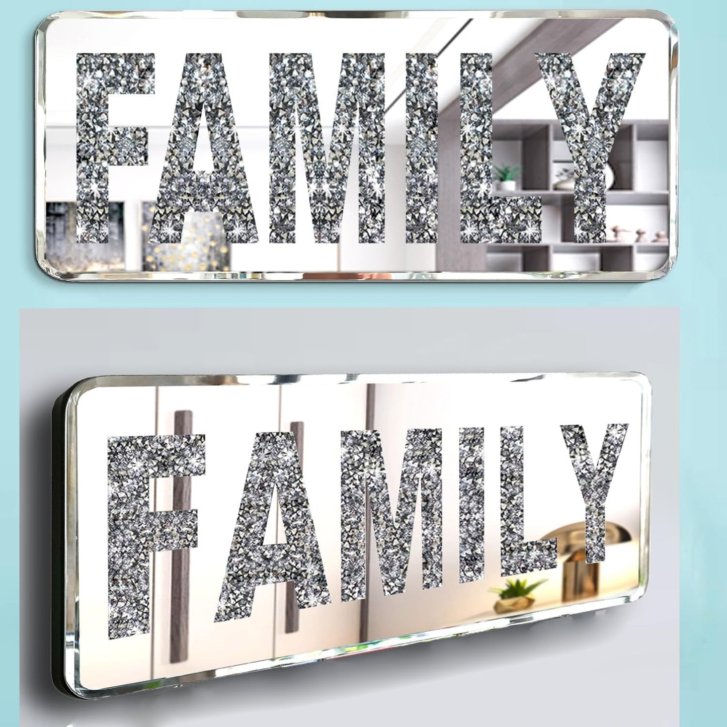 ZOLAPI 2 pcs Letters FAMILY. Crystal Diamond Letters. Silver Mirror Glass Home Decoration for Wall, Fireplace, Bookshelf and Table.