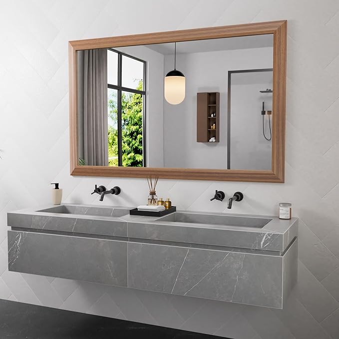 Amorho Bathroom Mirror for Wall, 48 X30 Inch Walnut Wood Grain Metal Framed by Amorho