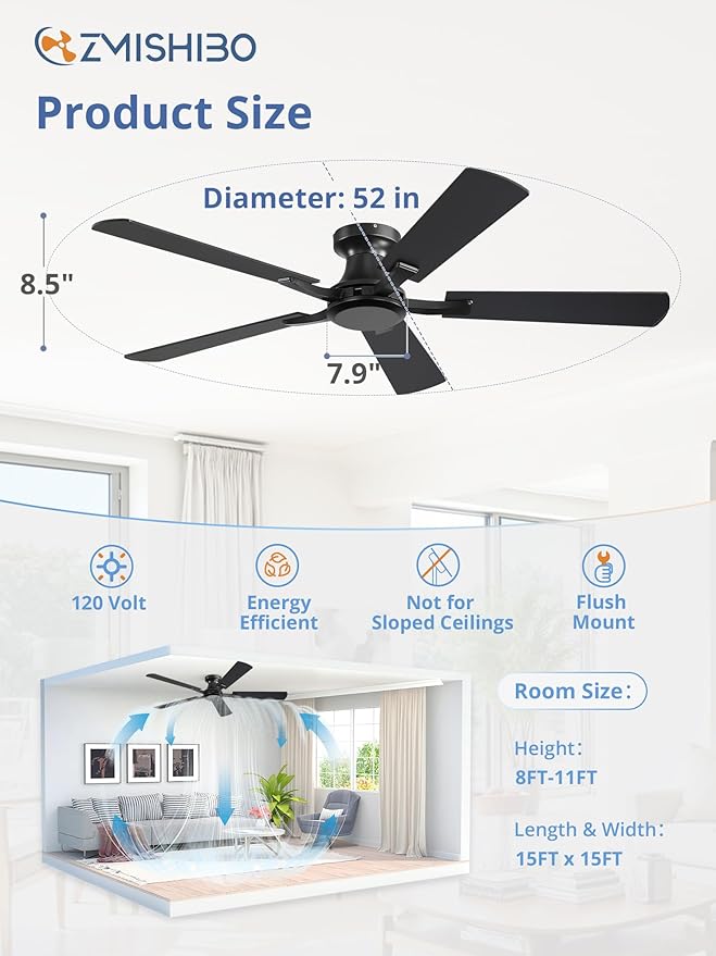 ZMISHIBO 52 Inch Ceiling Fan No Light, Flush Mount Low Profile, Modern Black - Image 4