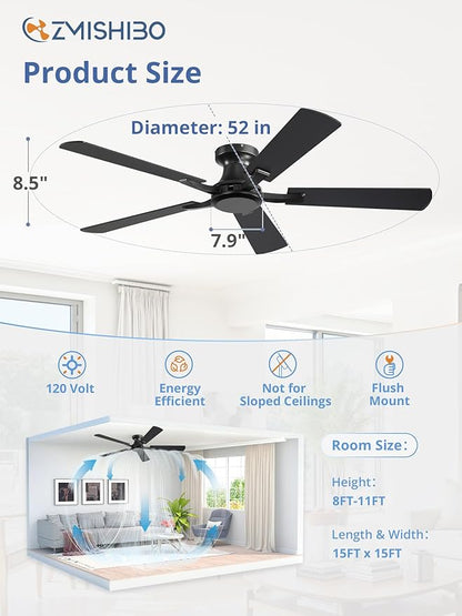 ZMISHIBO 52 Inch Ceiling Fan No Light, Flush Mount Low Profile, Modern Black - Image 4