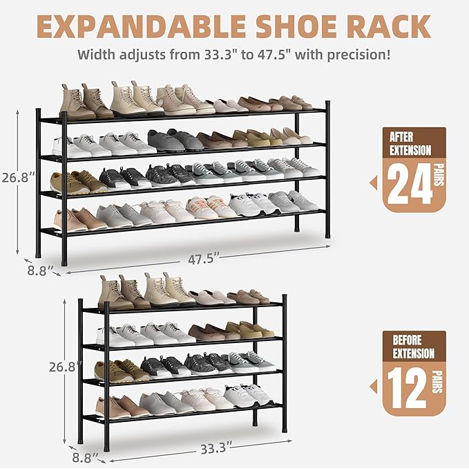 STORAGE MANIAC Long Expandable Shoe Rack, 24 Pairs Metal Wide Stackable Shoe - Image 2