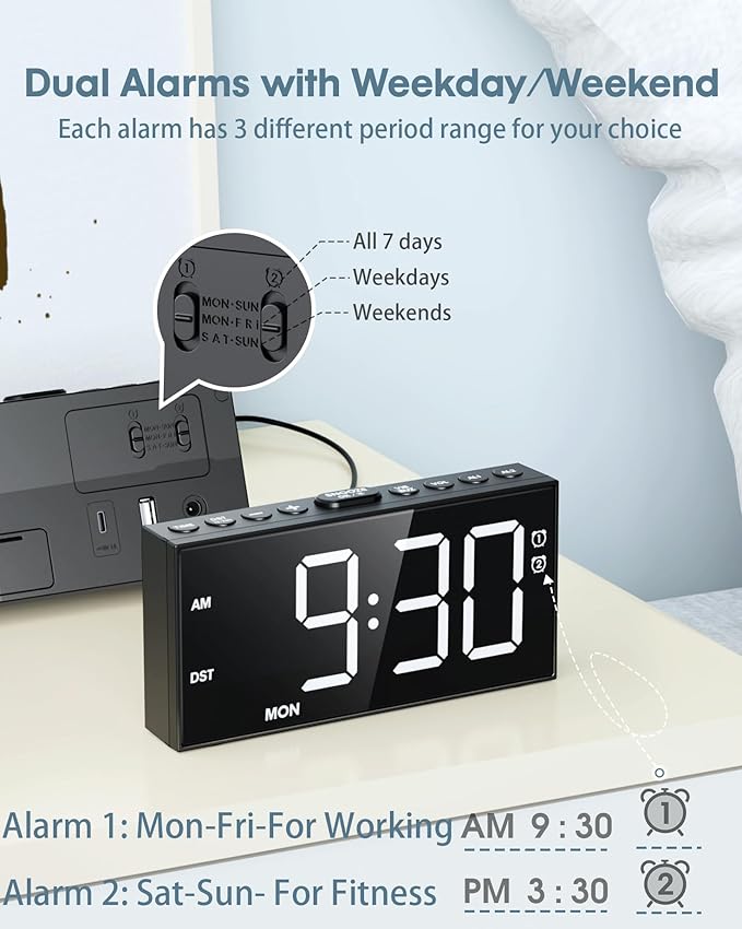 Alarm Clock for Bedroom Heavy Sleepers, Dual Alarms, Weekday/Weekend/Everyday - Image 3