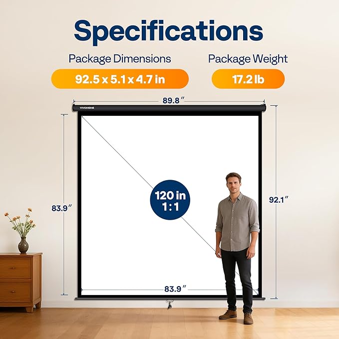 VIVOHOME 120 Inch 1:1 Pull Down Projector Screen, HD 4K Retractable Movie Screen - Image 8