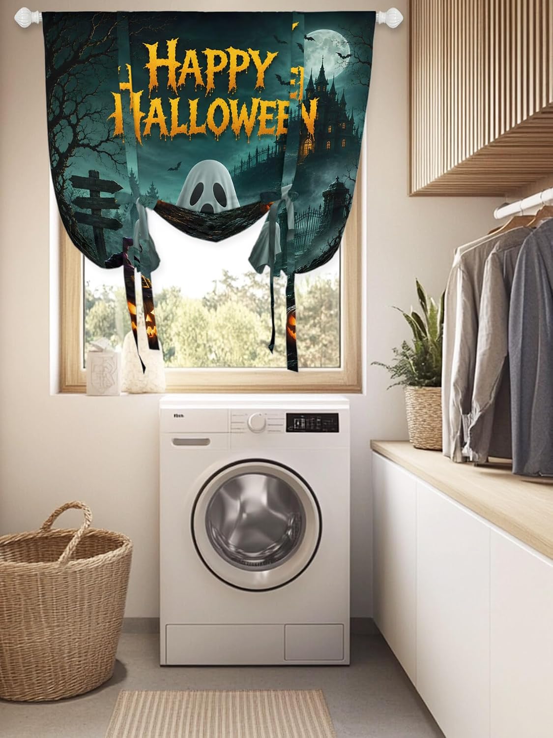 Happy Halloween Ghost Pumpkin Tie Up Curtains for Windows, Retro Haunted House Rod Pocket Window Shade Adjustable Balloon Curtain Valance for Bedroom Kitchen Bathroom Blinds 34x45in
