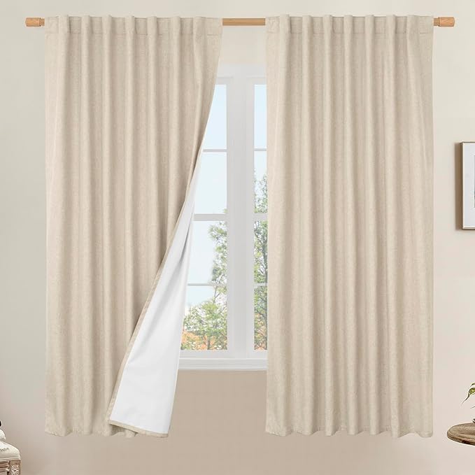 LAMIT 100% Blackout Linen Curtains 63 Inches Long, Flax Textured Living Room by LAMIT