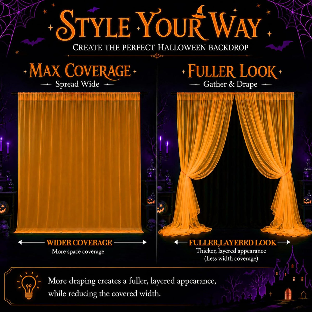 Mega-L Halloween Decorations, 3 Pack Halloween Tulle Backdrop Curtains