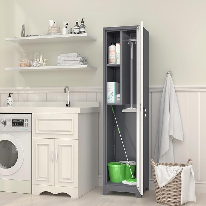 GREATMEET Slim Locking Metal Garage Storage Cabinet, Tall Steel Narrow Broom - Image 2