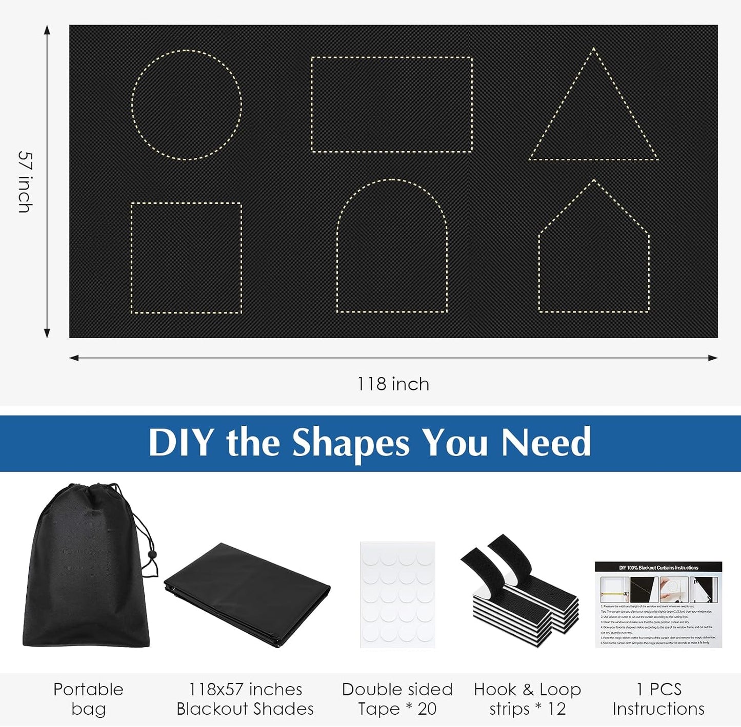 100% Blackout Curtains for Bedroom,Black Out Window Cover, Portable Window Blinds,Travel DIY Window for Baby Nursery,Dorm Room and Media Room (Black 118"x57")