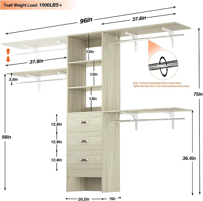 Armocity 96 Inches Closet System, 8FT Walk In Closet Organizer - Image 7