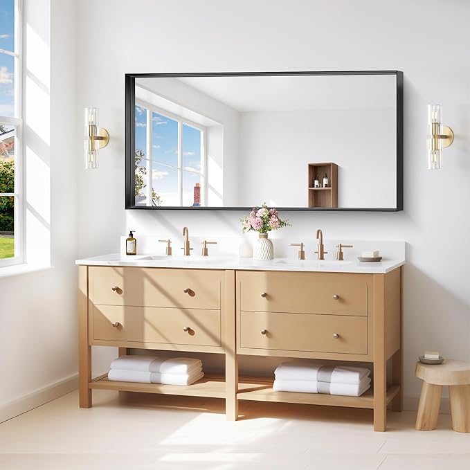 Black Bathroom Mirror, 24x48 Inch Rectangular Framed Mirror, Large Wall Mounted - Image 2