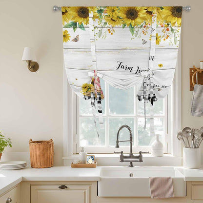 Sunflowers Tie Up Curtains for Window, Spring Botanical Truck Pig Wooden Grain Thermal Insulated Balloon Shade Adjustable Rod Pocket Curtains Valance Panels for Kitchen Bathroom Café 42'' x 63''