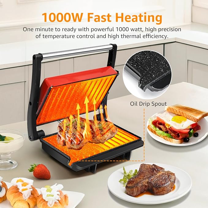 Panini Press Grill, Aigostar 1000W Sandwich Maker - Image 2