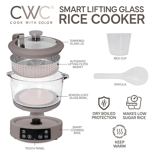 COOK WITH COLOR 3L Glass Mini Low Carb Rice Cooker – Holds 2 Cups Raw/Makes 6 - Image 2